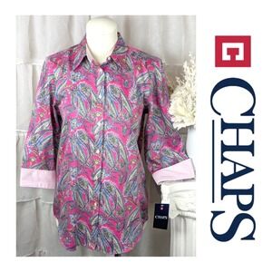 Chaps Pink Paisley No Iron Cotton 3/4 Sleeve Flip Cuff Button Up Blouse Shirt M